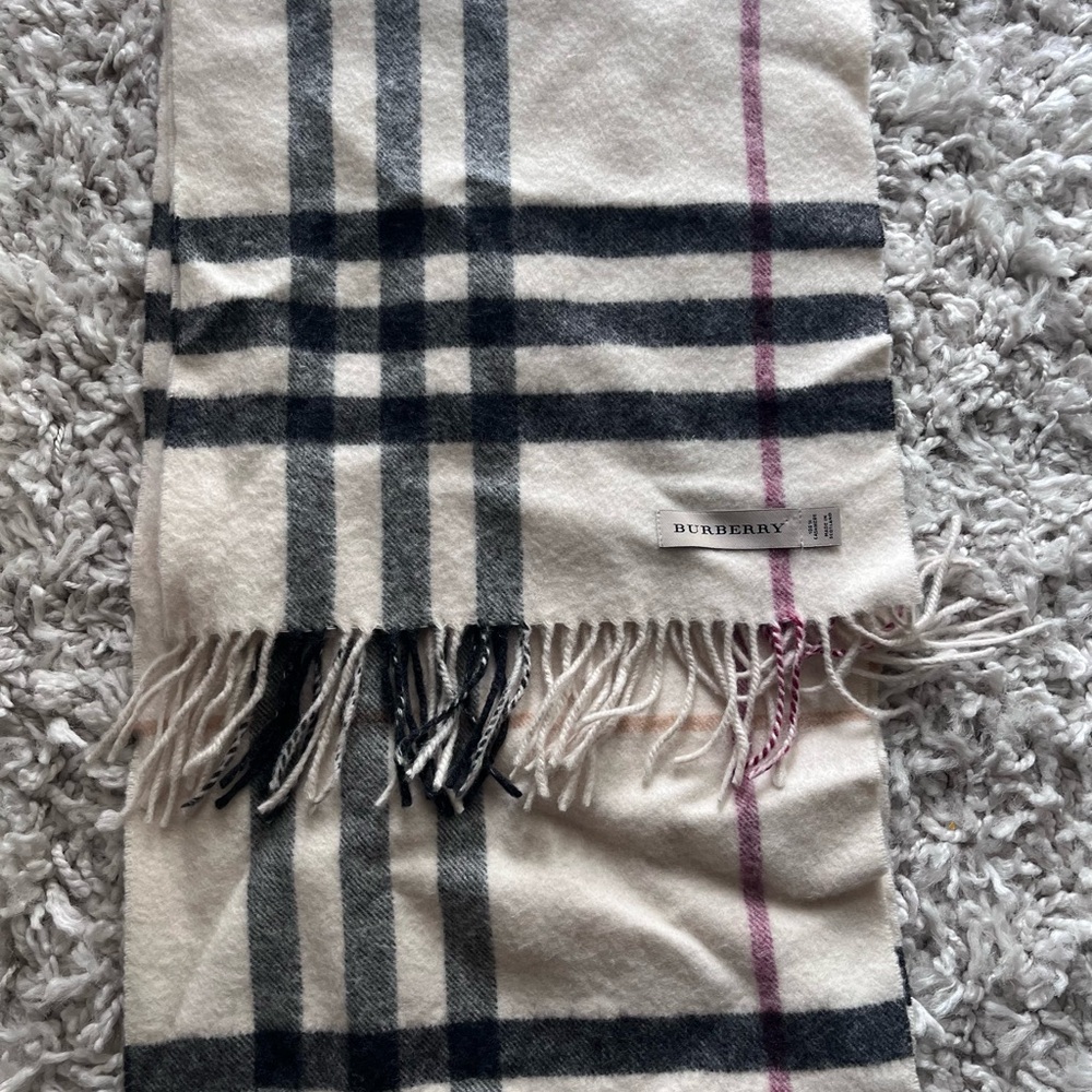 Burberry Classic Check Cashmere Scarf - Ivory with Black & Pink Plaid